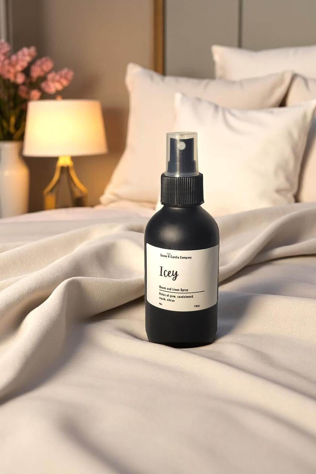 Black spray bottle labeled 'Icy' on a bed with a blurred background