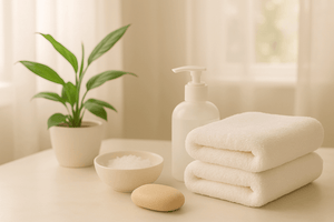 spa like set up with a bottle, towels and soap