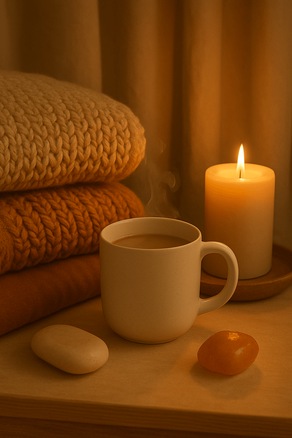 blankets, coffee cup and a candle