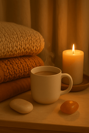 blankets, coffee cup and a candle