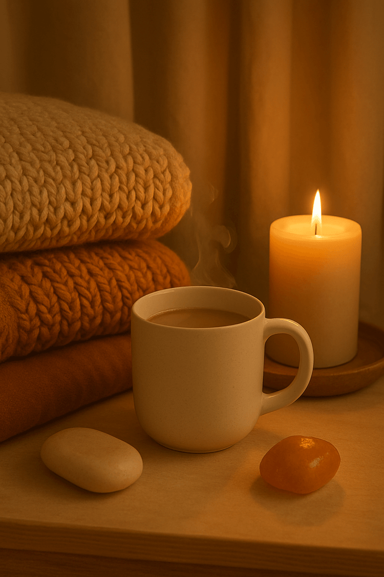 blankets, coffee cup and a candle