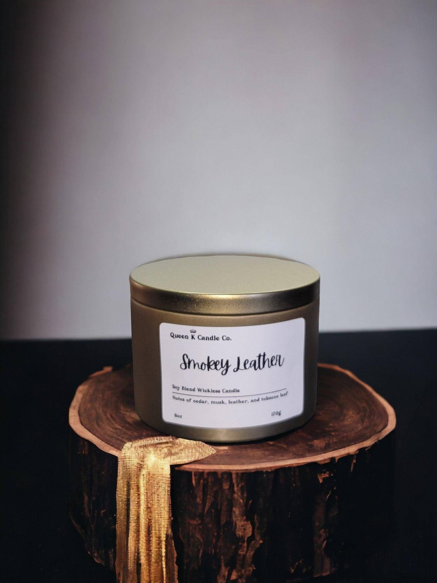 Smokey Leather Candle Tin - Queen K Candle Co.