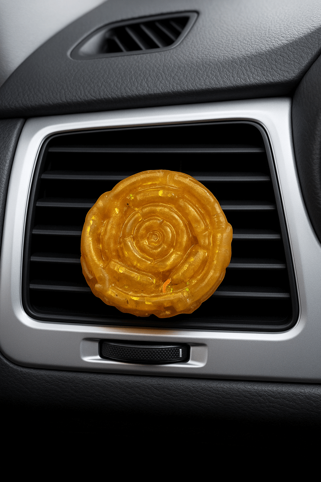 Yellow circular car air freshener in a car's vent