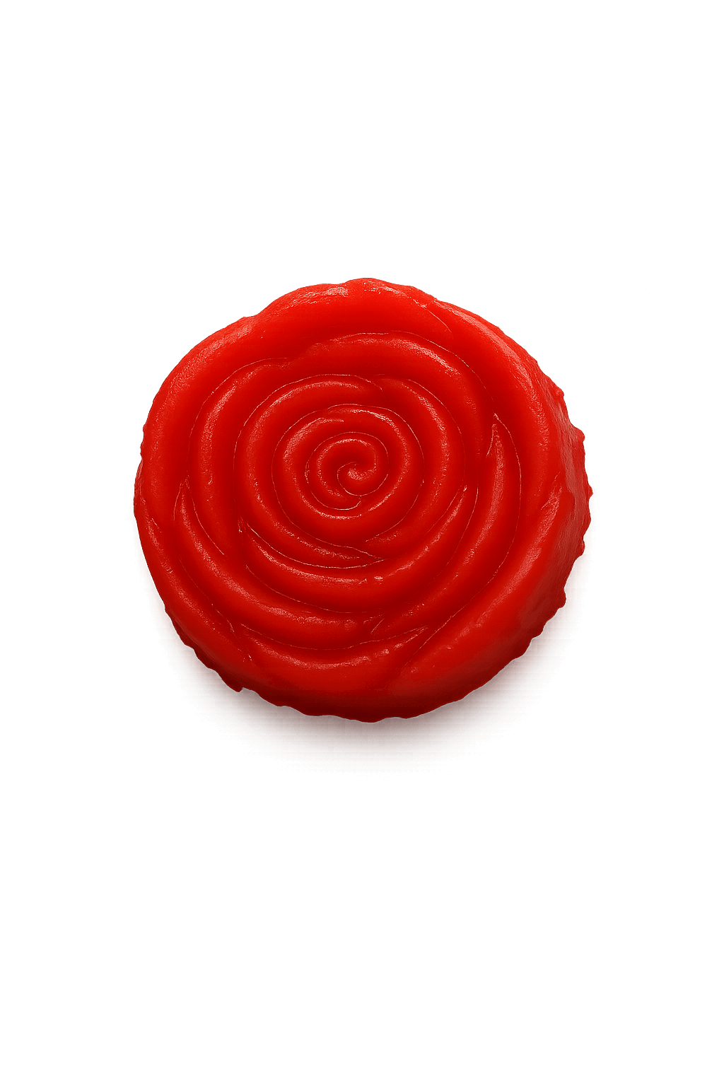 Red circular object with concentric patterns on a black background