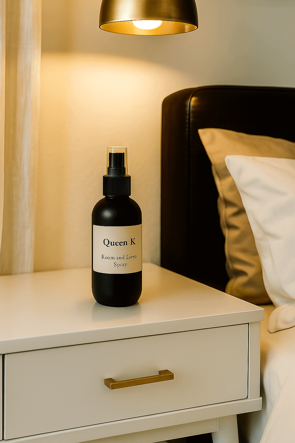 Black spray bottle labeled 'Queen K' on a nightstand next to a bed.