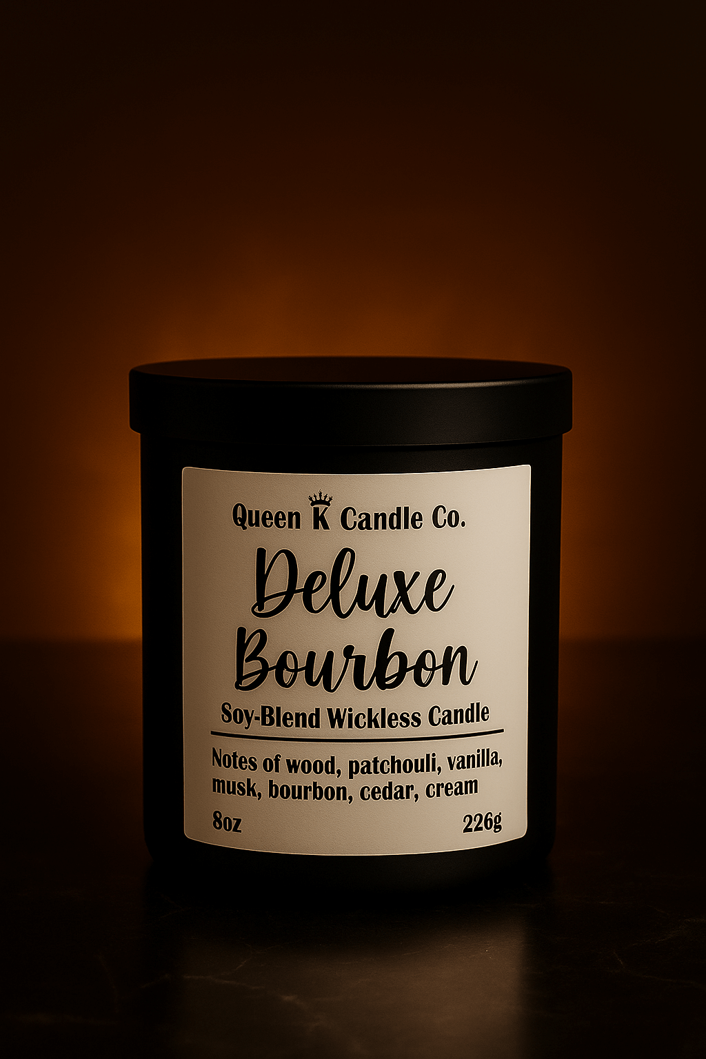 Deluxe Bourbon candle from Queen K Candle Co. on a dark background