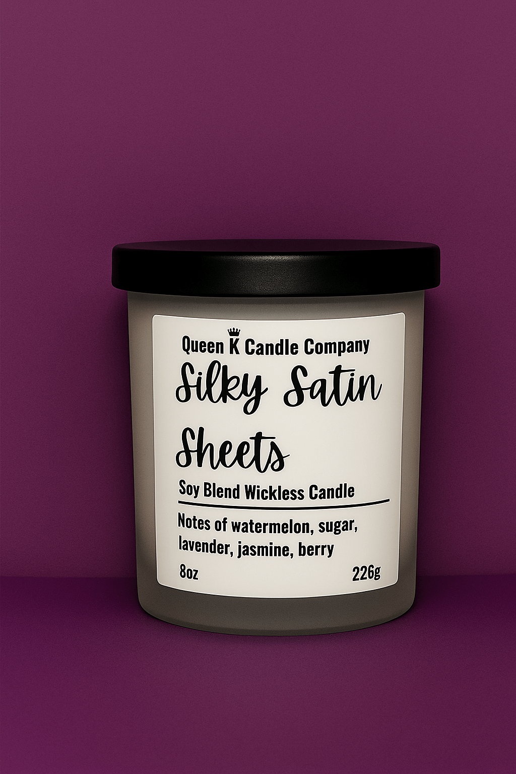 Candle with a label on a purple background