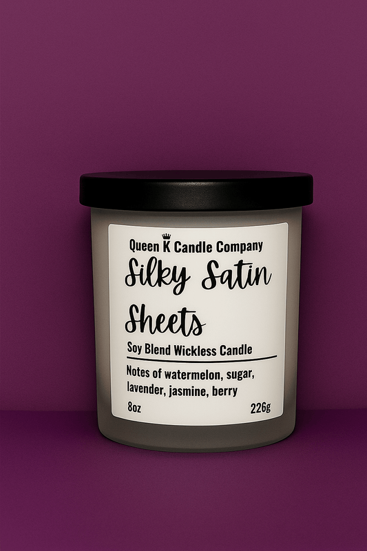 Candle with a label on a purple background