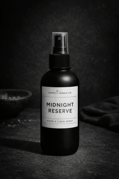 Black room and linen spray bottle labeled 'Midnight Reserve' by Queen & Candle Co. on a dark background.