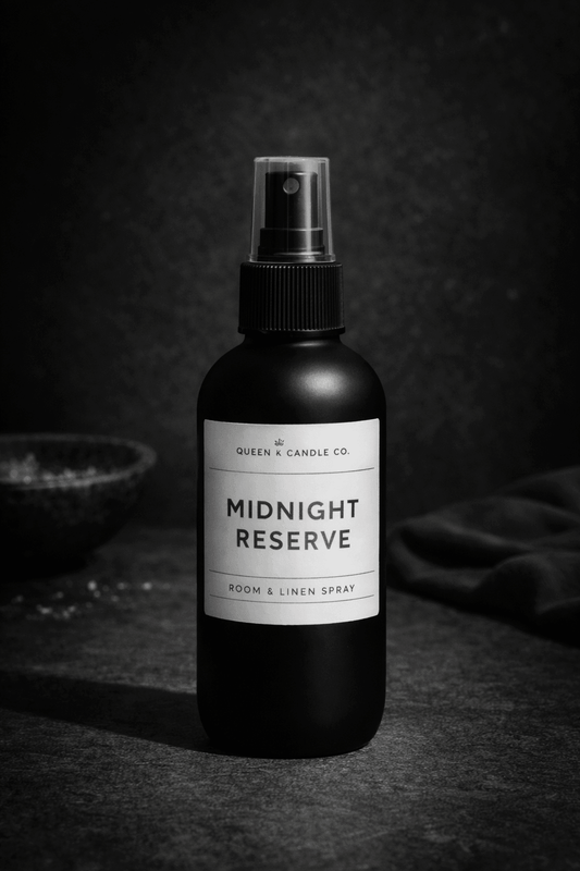 Black room and linen spray bottle labeled 'Midnight Reserve' by Queen & Candle Co. on a dark background.