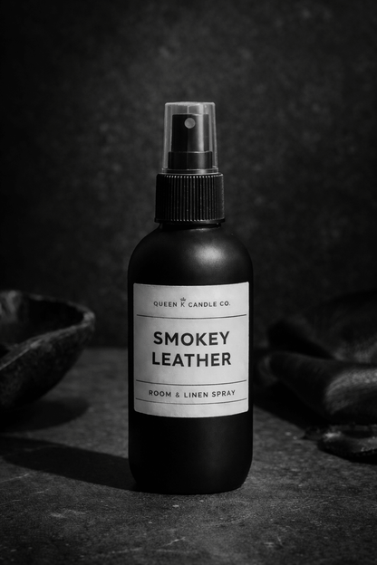 Black room spray bottle labeled 'Smokey Leather' on a dark background
