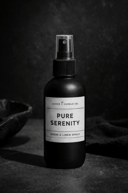 Black room & linen spray bottle labeled 'Luxurious Linen' on a dark background