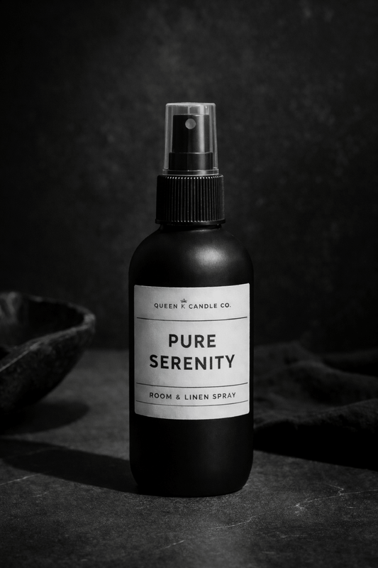Black room & linen spray bottle labeled 'Luxurious Linen' on a dark background