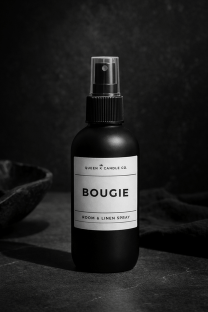Bottle of 'BOUGIE' Room and Linen Spray spray with a label on a dark background
