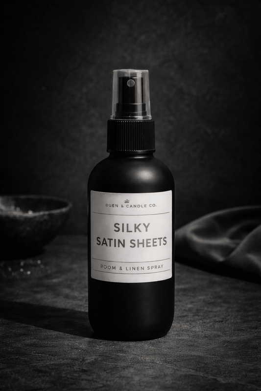 Room and linen spray bottle labeled 'Silky Satin Sheets' on a dark background