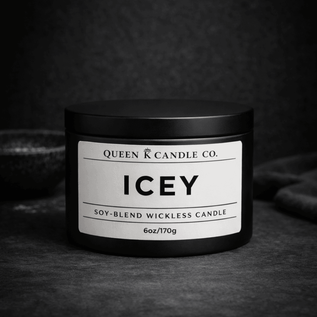 Candle jar labeled 'Icey' by Queen Candle Co. on a dark background