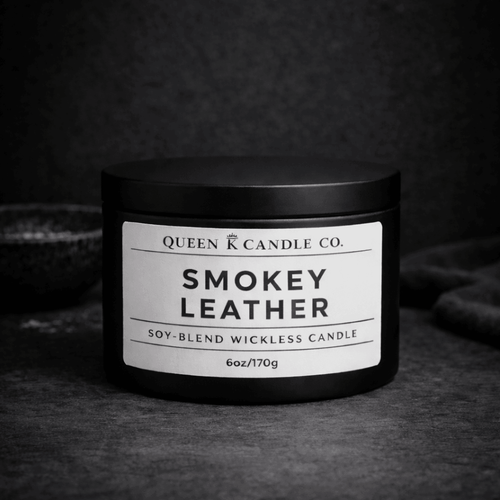 Smokey Leather candle from Queen Candle Co. on a dark background