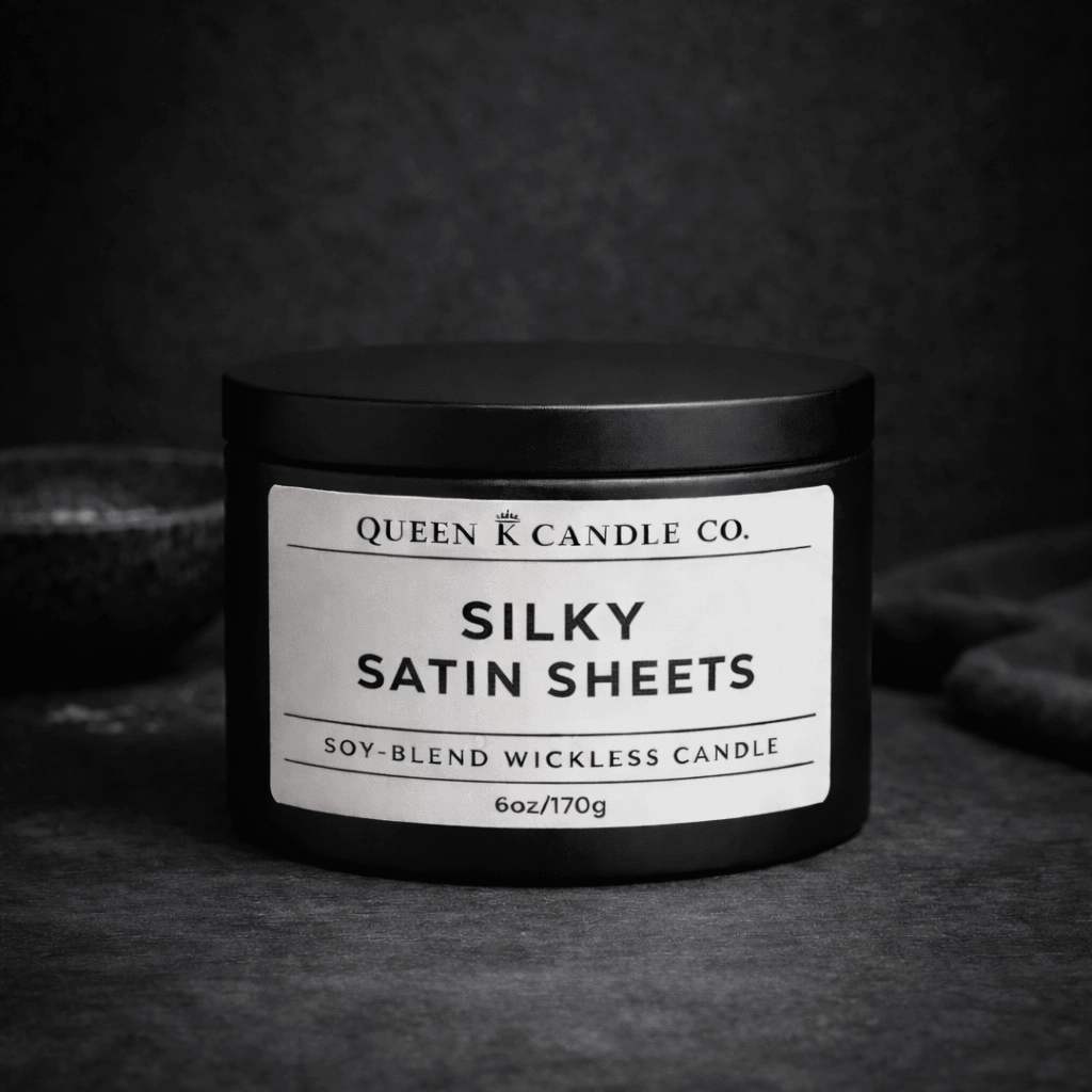 Black candle jar with 'Silky Satin Sheets' label on a dark background