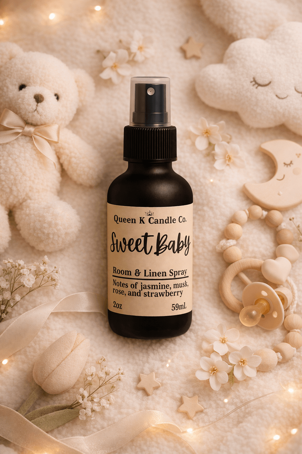 Room & Linen Spray bottle labeled 'Sweet Baby' by Queen K Candle Co. on a soft, neutral background with decorative elements.