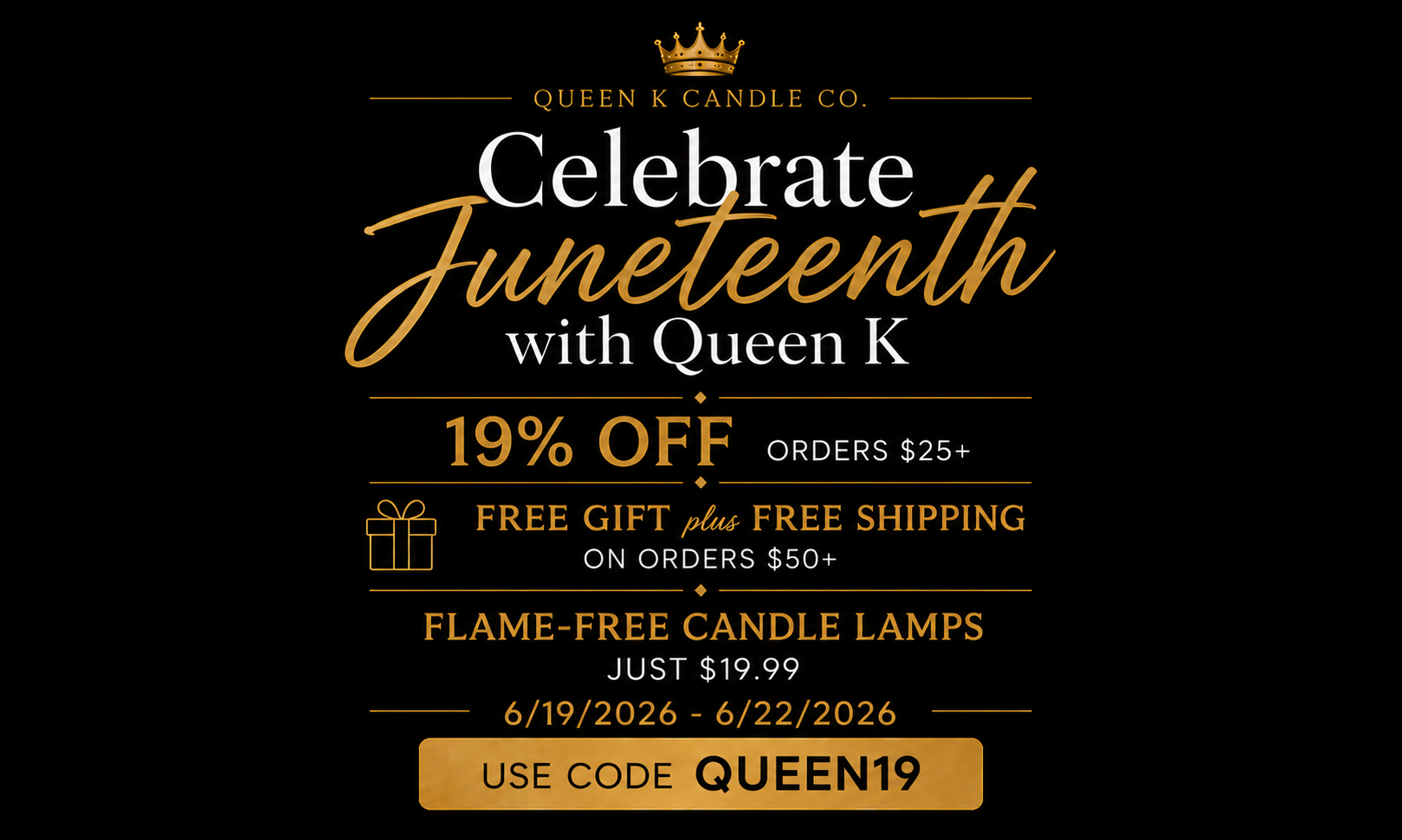 Promotional flyer for Queen K Candle Co. celebrating Juneteenth with discounts and offers.
