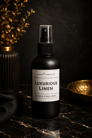 bottle of room and linen spray labelled Luxurious Linen