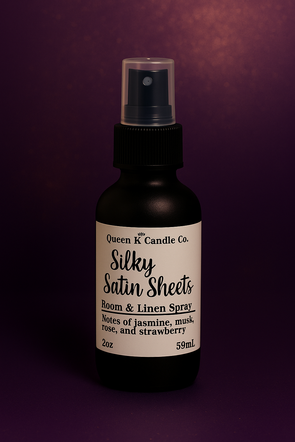 Room & Linen Spray bottle labeled 'Silky Satin Sheets' on a dark purple background