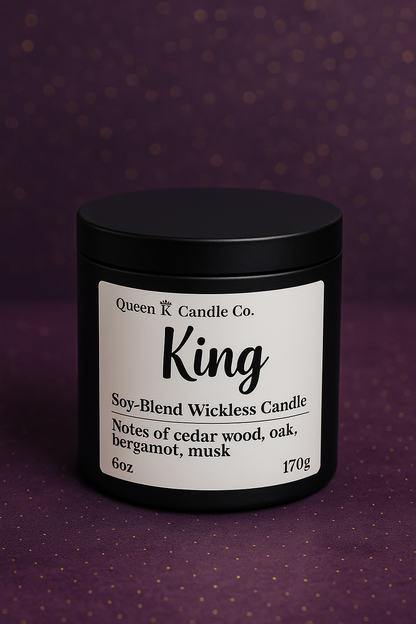 Candle jar with 'King' label on a purple background