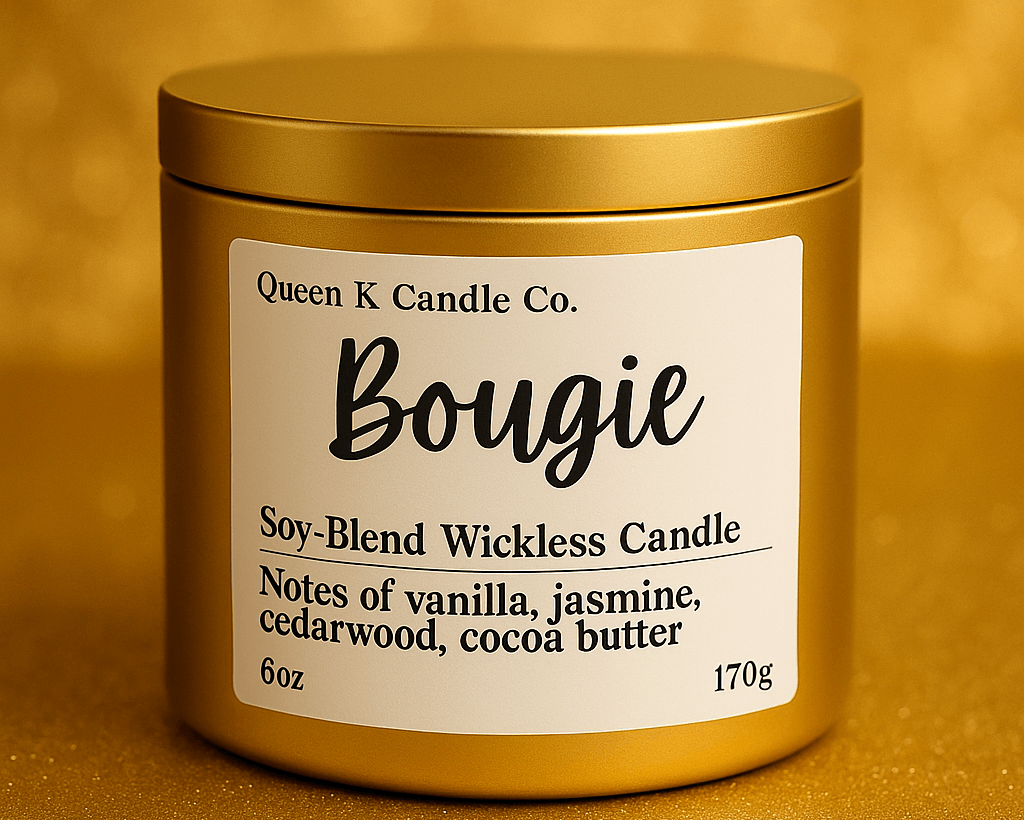 Gold candle jar with 'Queen K Candle Co.' label on a gold background