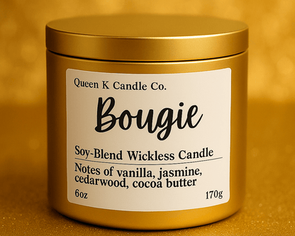 Gold candle jar with 'Queen K Candle Co.' label on a gold background
