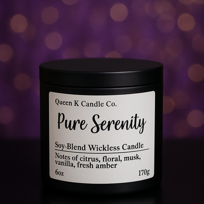 Candle with 'Pure Serenity' label on a blurred purple background