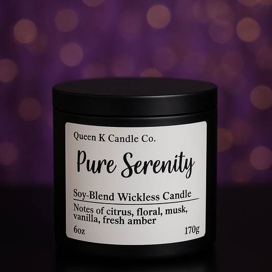 Candle with 'Pure Serenity' label on a blurred purple background