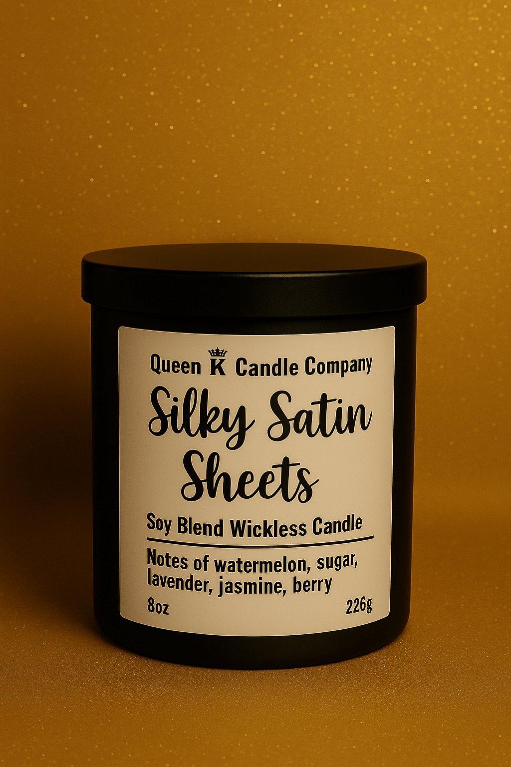 Candle with 'Silky Satin Sheets' label on a gold background