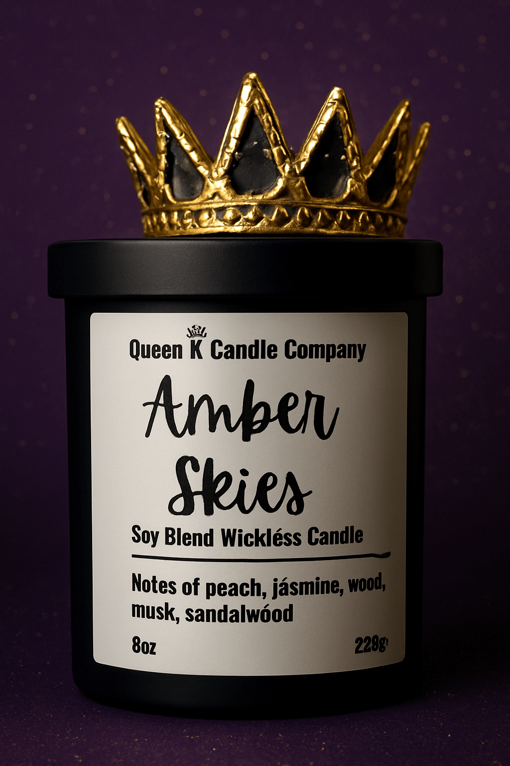 Candle labeled 'Amber Skies' from Queen K Candle Company with a gold crown on a purple background