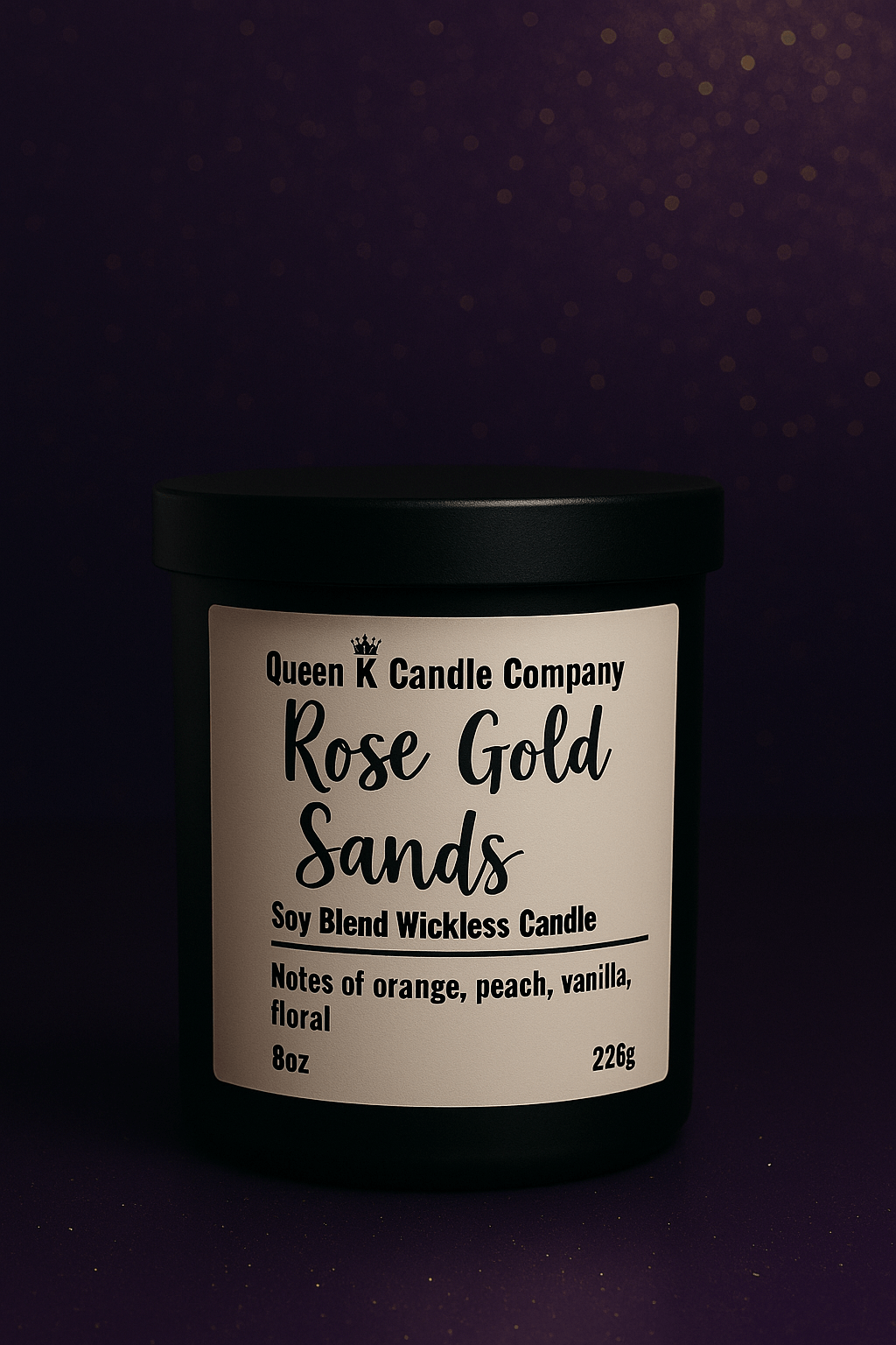 Candle jar with 'Queen K Candle Company' label on a dark background