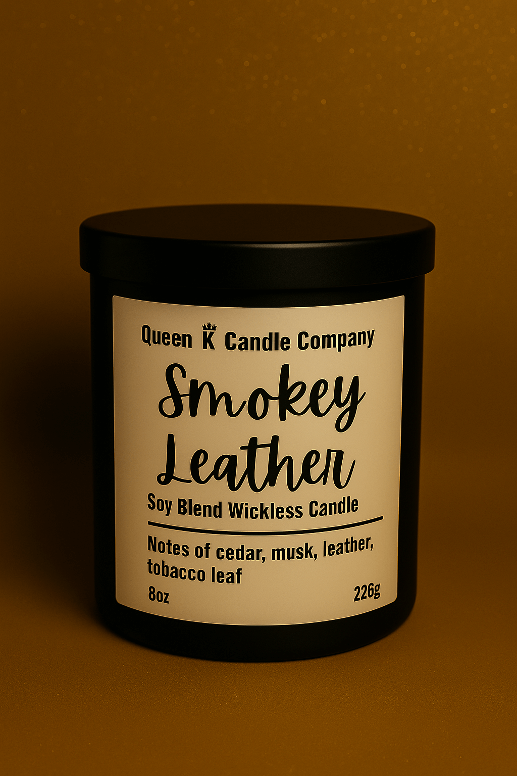 Soy blend wickless candle labeled 'Smokey Leather' from Queen K Candle Company on a brown background.