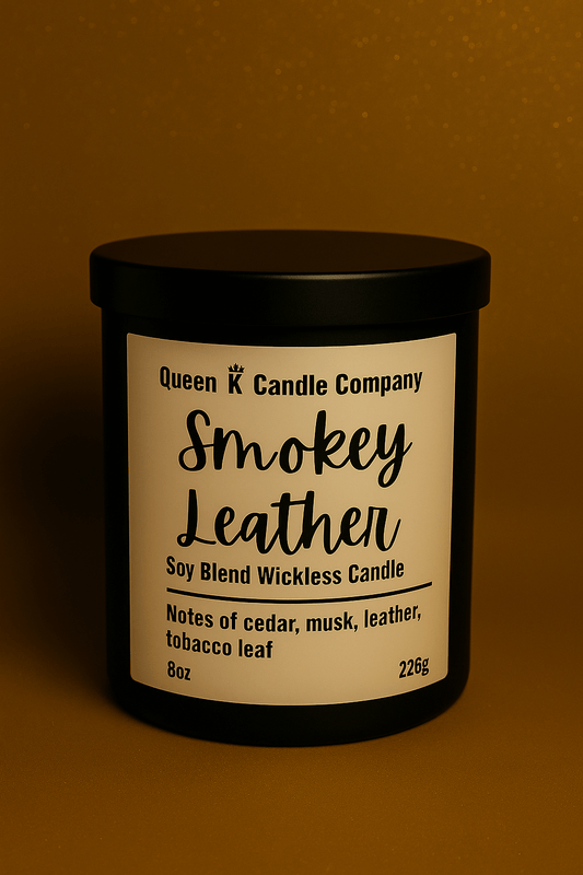 Soy blend wickless candle labeled 'Smokey Leather' from Queen K Candle Company on a brown background.