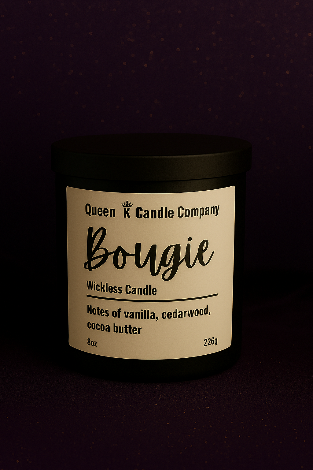Candle with a label on a dark background