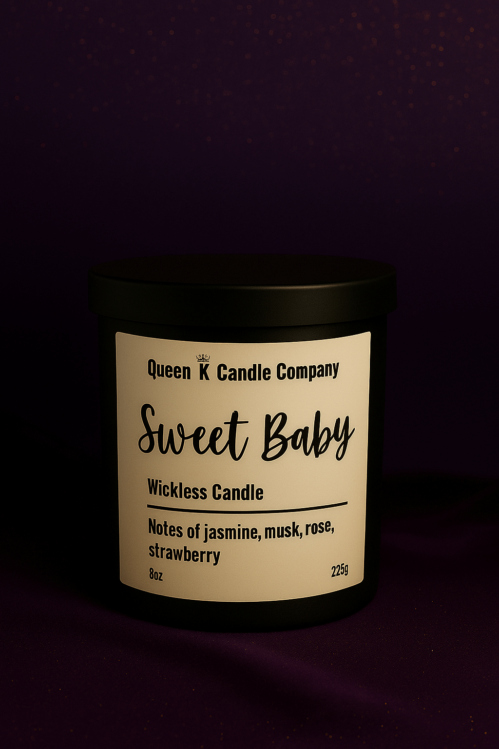 Wickless candle labeled 'Sweet Baby' from Queen K Candle Company on a dark background