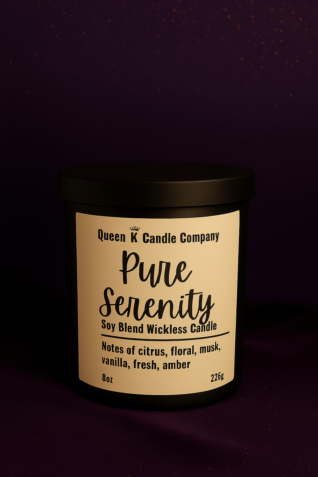 Candle with 'Pure Serenity' label on a dark background