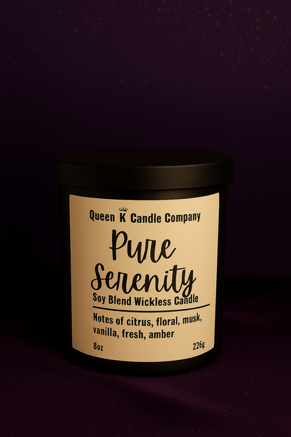 Candle with 'Pure Serenity' label on a dark background