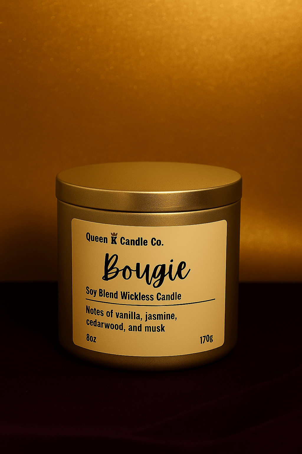 Candle jar with a label on a dark background