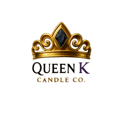 Logo of Queen K Candle Co. featuring a gold crown with a black gemstone on a white background.